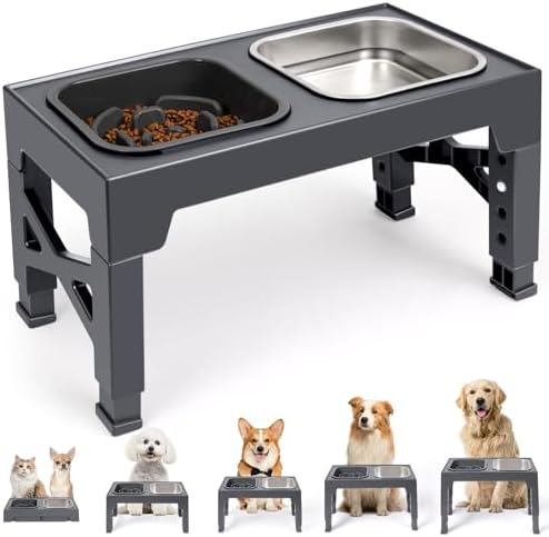 Heeyoo Elevated Dog Bowls, 5 Adjustable Heights Raised Dog Bowls, Stainless Steel Dog Food Bowl and Slow Feeder Dog Bowl Stand, Adjusts to Height 3.2" to 12.2" for Small Medium Large Dogs