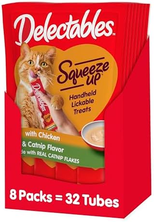 Delectables Squeeze Up Creamy Squeezable Puree, Lickable Wet Cat Treats, Grain Free, No Added Fillers, No By-Products, No Added Preservatives, 0.5 Ounces Tube Chicken with Catnip, 32 Tubes Total