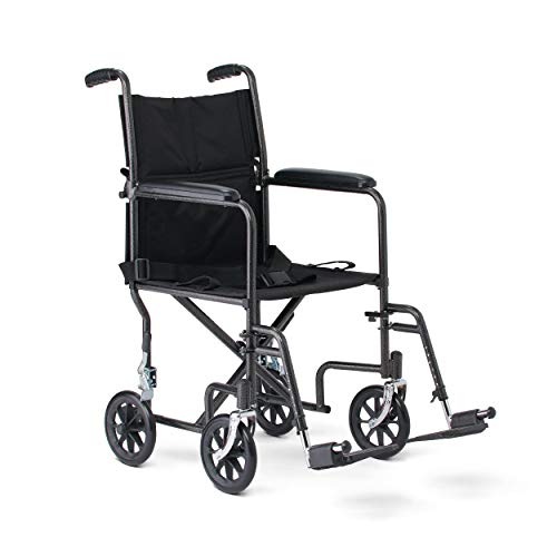 Medline Durable Folding Steel Transport Wheelchair with Swing-Away Footrests, 19-Inch Seat Width, Black Frame, Black Upholstery