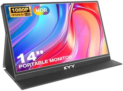 KYY Portable Monitor for Laptop, 14" FHD 1080P Travel Monitor, USB-C & HDMI Computer Gaming Screen with VESA Mount & Smart Cover, Dual Speakers, for Mac PC Phone Xbox PS5 Switch