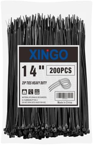 XINGO 14 Inch Black Zip Ties 200 PCS, 75 LBS Tensile Strength, UV Resistant Cable Ties, Premium Self-locking Plastic Ties for Indoor and Outdoor Use