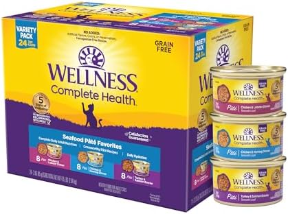 Wellness Complete Health Pate Adult Wet Cat Food Canned, Natural, Protein-Rich, Grain Free, 3 Ounce Cans, 24 Pack, (Seafood Favorites Variety Pack)