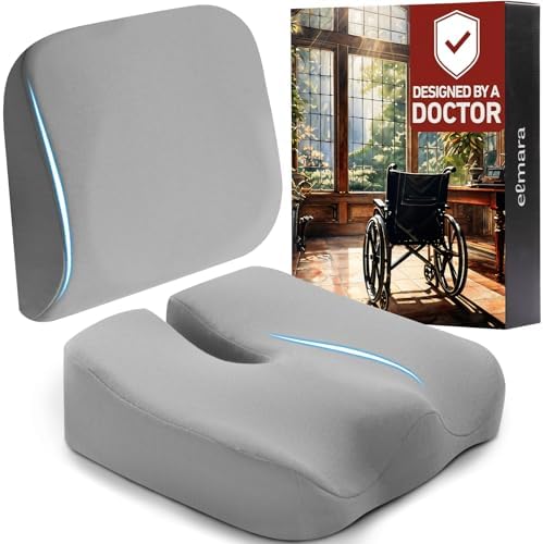 Elmara Doctor-Designed Wheelchair Seat Cushion Set is The Ultimate Comfort Solution – Thick Wheelchair Cushions Relieve Back & Sciatica Pain – Wheel Chair Cushions for Seniors, Wheelchair Pad (Gray)