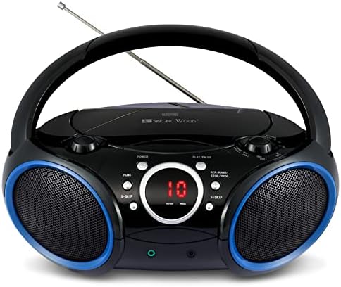 SINGING WOOD 030C Portable CD Player Boombox with AM FM Stereo Radio, Aux Line in, Headphone Jack, Supported AC or Battery Powered (Black with a Touch of Blue Rims)