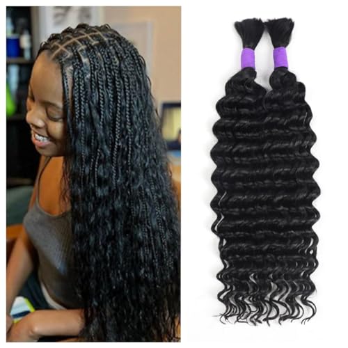 Human Braiding Hair Deep Wave Bulk Human Hair Braiding Hair Boho Hair For Braiding No Weft 100g (1Pack-2Bundles) 100% Human Hair Micro Braiding Hair For Bohe Braids (16inch, Natural Black)