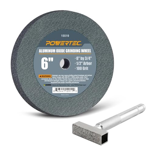 POWERTEC Bench Grinder Wheel + Diamond Wheel Dresser 6 Inch 100 Grit, Aluminum Oxide Grinding Wheel for Bench Pedestal Grinder, 3/4" Thick 1/2" Arbor, Sharpening & Shaping Blade, Chisel & Drill Bits