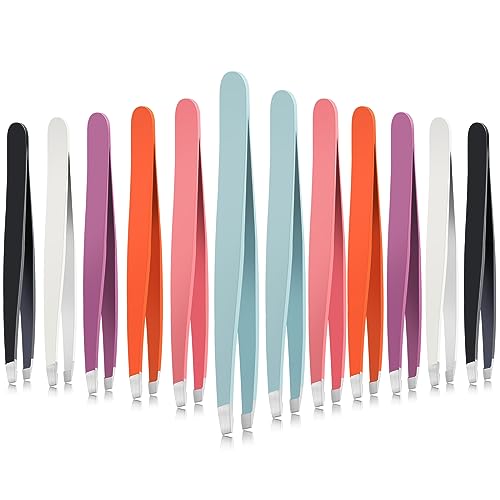 Mudder 12 Pcs Eyebrow Tweezers Set for Facial Hair Stainless Steel Slant Tip Tweezers in Bulk for Men and Women(Multicolor)