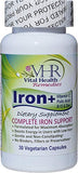 Vital Health Remedies Iron+ with Vitamin C, FOLIC Acid, B-12 & ZINC Preservative-Free, Gentle and Non-constipating Formulated for Maximum Absorption. 30 Veggie caps
