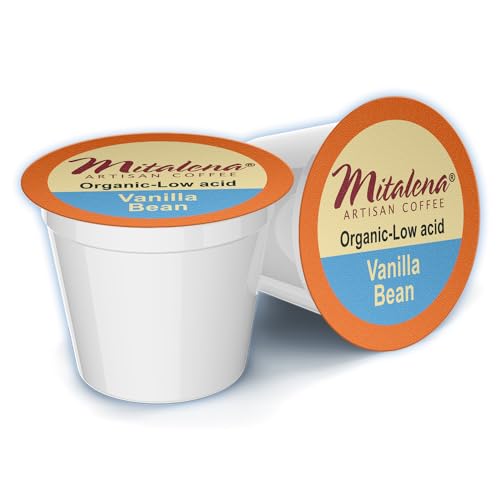 Mitalena Vanilla Bean Low Acid Coffee Pods - Medium Roast Flavored Coffee for Keurig K-cup Brewer - Avoid Heartburn and Acid Reflux - 12 cups