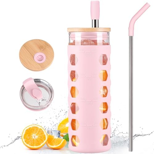 MUKOKO 20 oz Glass Tumbler with Straw and 2 Lids - Bamboo Lid & Press-in 2 in 1 Lid, Glass Water Bottles with Pearl Milk Tea & Drinking Straw, Smoothie Glass Cups Silicone Sleeve BPA Free - Pink