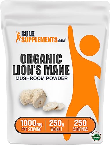 BulkSupplements.com Organic Lions Mane Mushroom Powder - Lions Mane Supplement Powder, Lion's Mane Powder - Organic & Gluten Free, 1000mg per Serving, 250g (8.8 oz) (Pack of 1)