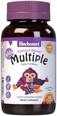 Bluebonnet Nutrition Rainforest Animalz Whole Food Based Multiple Chewable Tablet, Kids Multivitamin & Mineral, Vitamin C, D3, Iron, Gluten Free, Milk Free, Kosher, 180 Chewable Tablets, Mixed Flavor