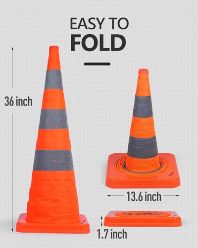 BATTIFE [2 Pack] 36 Inch Collapsible Traffic Safety Cones, Orange Cones, Multi Purpose Pop-up Cones with Reflective Collar, for Road Parking, Driving Practice