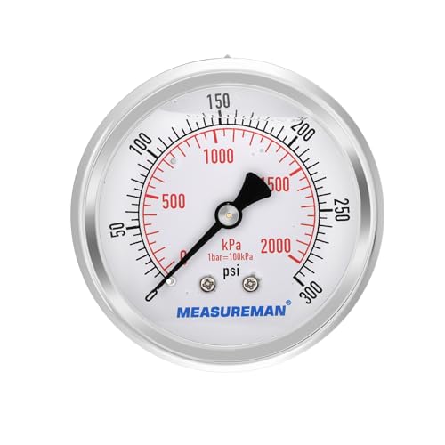 MEASUREMAN 2-1/2 inch Dial Size, Liquid Filled Pressure Gauge, 0-300psi/2000kpa, 304 Stainless Steel Case, 1/4 inch NPT Back Mount