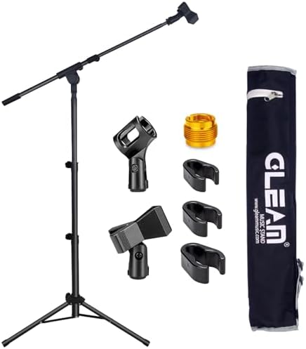 GLEAM Microphone Stand - Tripod Boom Arm Mic Stand with Carrying Bag, 2 Mic Clips and Screw Adapter Portable for Singing Performance Wedding Stage and Mic Mount