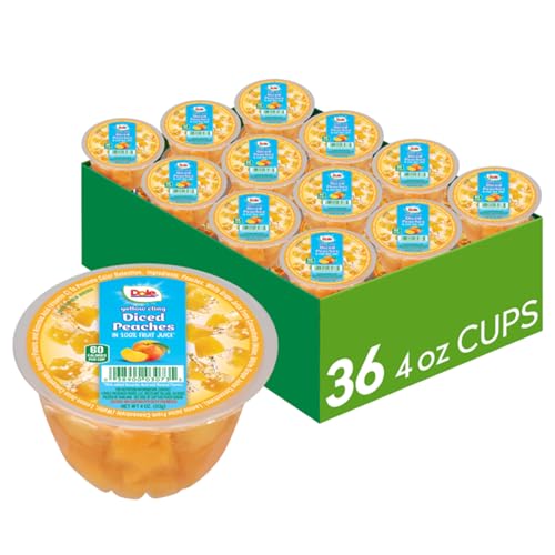 Dole Fruit Bowls Diced Peaches in 100% Juice Snacks, 4oz 36 Total Cups, Gluten & Dairy Free, Bulk Lunch Snacks for Kids & Adults