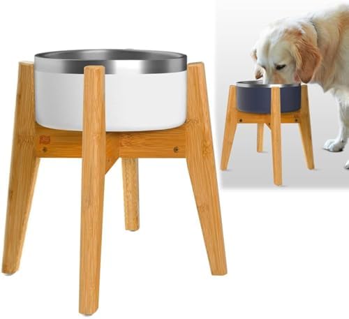Dog Bowl Stand for Large Dogs - (14-inch high) Adjustable Width, Slanted Feet - Elevates, Raises, Holds Pet Food Water Bowls Dispensers Fountains and Slow Feeders - Bamboo Stand Only