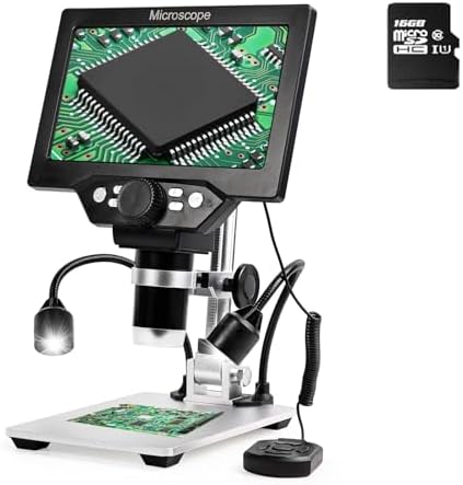 7" LCD Digital Microscope, 1200X 1080P HD Coin USB Microscope with 10 Lights, Wired Remote, PC View, 16GB TF Card, Metal Stand for Soldering PCB Circuit Board Repair