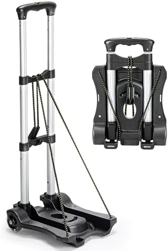 Small Folding Hand Truck Dolly with 2 Wheels, Foldable Luggage Cart, Lightweight Aluminum Collapsible Trolly Portable Dolly for Moving Airport Travel Use
