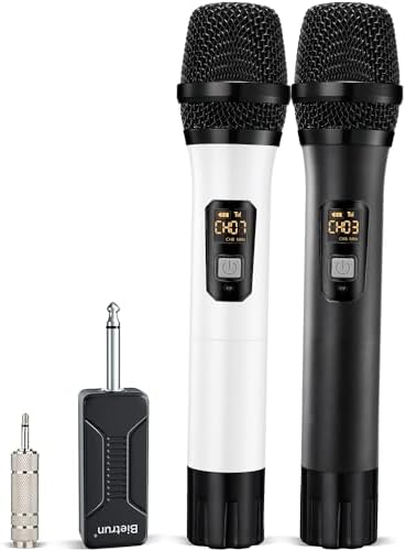 Wireless Microphone, Bietrun UHF Metal Dual Handheld Cordless Dynamic Mic System with Rechargeable Receiver, 1/4‘’Output, for Karaoke, Church, Speech, Wedding, Party Singing(160 ft Range)-Auto Connect