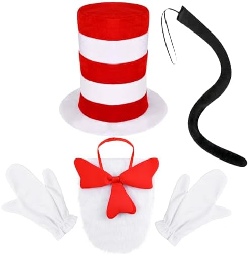 4 Pcs Cat Costume Set Include Top Hat,Oversized Bowtie with Fur,Gloves and Tail for Kids World Book Day Dress Up