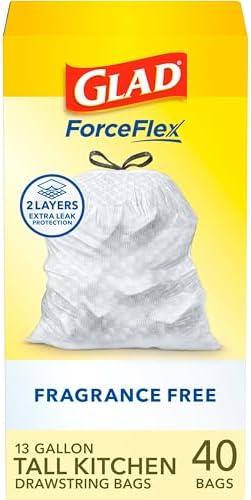 Glad ForceFlex Tall Kitchen Drawstring Trash Bags, 13 Gal, Fragrance Free, 40 Ct (Package May Vary)