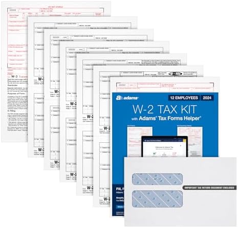 Adams 2024 W2 Tax Forms Kit for 12 Employees, 6 Part Laser W2 Forms, 3 W3 Forms, Self Seal Envelopes & Access to Adams Tax Forms Helper (1009320)