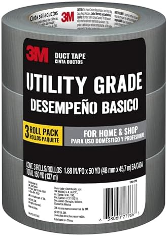 3M Utility Duct Tape, 3 Rolls, 1.88" in x 50 yd, Strong Adhesive, Adheres to Multiple Surfaces, Hand-Tearable, Silver Color Tape, Sticks Instantly, Perfect for Home & Shop Use (1950-3PK)
