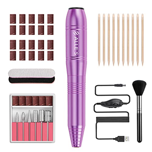 Electric Nail Drill for Acrylic Gel Nails Dip Podwer, 20,000 RPM USB Efile E Nail File Electronic Nail Filer Home Manicure Pedicure Drill Kit with Bits, Sanding Bands and Nail Brush, Purple