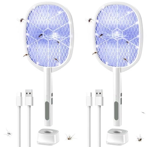 2PACK Electric Fly Swatter,4000V Bug Zapper Racket,2 in 1 Mosquito Zapper Racket with 1200ml Battery Rechargeable Purple Mosquito Killer Lamp with 3 Layers Safety Net Suitable for Indoor and Outdoor