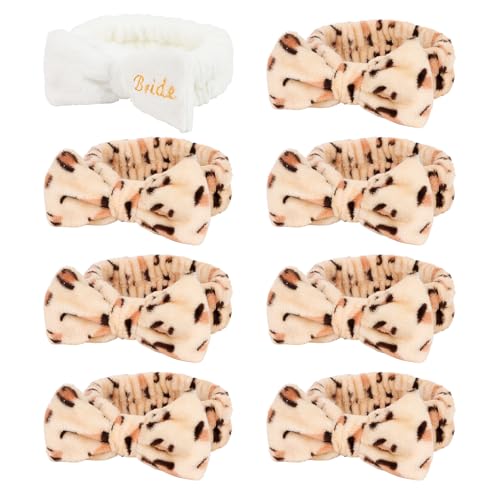 Semato Bachelorette Party Favor Set Bride Spa Headband Bride Headband and Bridesmaid Headband Skincare Headbands for Women Cute Bow Head Bands Party Supplies (1 bride+ 7 leopard)