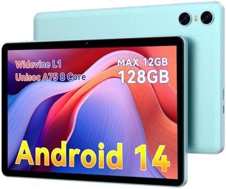 Android 14 Tablets, 10 Inch Tablet, P10 Tablet 12GB RAM+128GB ROM(TF 1TB), Unisoc A75 8 Core CPU, Widevine L1, 1280x800 IPS HD Touch Screen, 6000mAh, Three Cameras, BT 5.0, WiFi