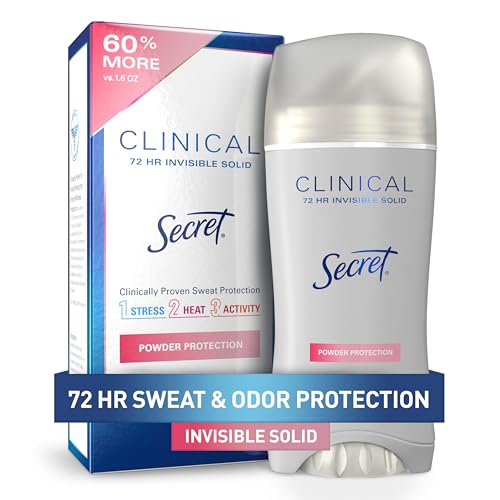 Secret Clinical Strength Antiperspirant Deodorant for Women, 3X Stress Protection, 72hr Sweat & Odor Protection, PH Balancing Minerals, Invisible Solid, Powder Protection Scent, 2.6 oz