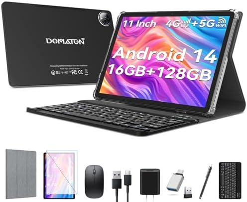 11 inch Tablet, 2025 Latest Android 14 Tablet with 16GB RAM 128GB ROM 1TB Expandable Octa-Core, 5G WiFi & Dual 4G Cellular, 2 in 1 Tablets with Keyboard Incell Large Screen,7000mAh Battery,Dual Camera