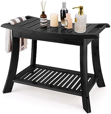 VVW Bamboo Shower Bench & Stool with Storage Shelf, Bath Benches for Inside Shower, Bathroom Stools 2-Tier Spa Seat for Adults Elderly (Black)