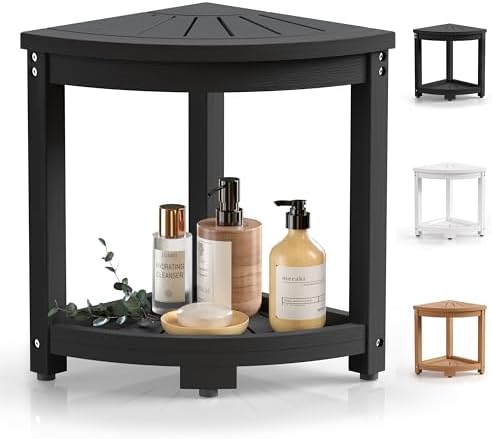 Corner Shower Stool for Inside Shower, HIPS Waterproof Shower Bench Seat Chair, Plastic Bath Shower Stool for Shaving Legs Foot Rest with Storage Shelf, Adjustable & Non-Slip Feet, Black