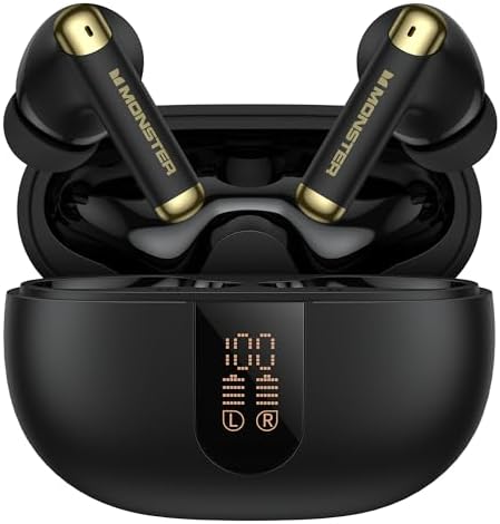 Monster N-Lite 211 Wireless Earbuds， Bluetooth 5.4 Stereo Headphones with Noise-Cancelling Mic and LED Display, Built-in Mic for Clear Calls, Waterproof Design for Sports