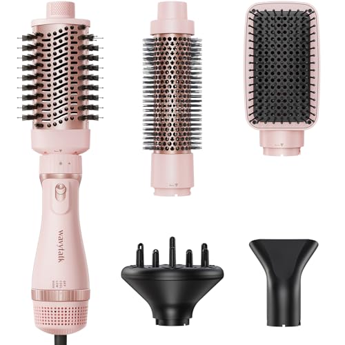 Wavytalk Hair Dryer Brush Kit, 5 in 1 Blow Dryer Brush with Oval Blowout Brush, Blowout Thermal Brush, Paddle Brush, Concentrator and Diffuser for Fast Drying and Styling in One Step, Pink