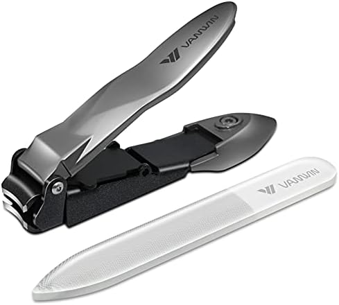 Nail Clippers with Catcher, No Splash Fingernail Toenail Clippers with Sharp Curved Blade and Glass Nail File, Wide Jaw Opening Stainless Steel Nail Cutter Trimmer for Seniors Adult Men Women