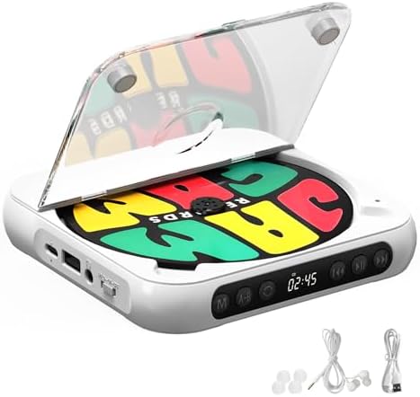 Portable CD Player with Bluetooth, Rechargeable Walkman CD Player for Home/Car, Built-in HiFi Speakers, Headphones, LCD Screen, Supports CD/AUX/USB and Repeat Modes, White