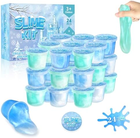 24 Pack Frozen Slime Party Favors for Kids Ice Slime Cup Snowflake Putty Toy Christmas Easter Birthday Goodie Bag Stuffer Classroom Reward for Girls Boys Stretchy Non-Sticky Stress Relief