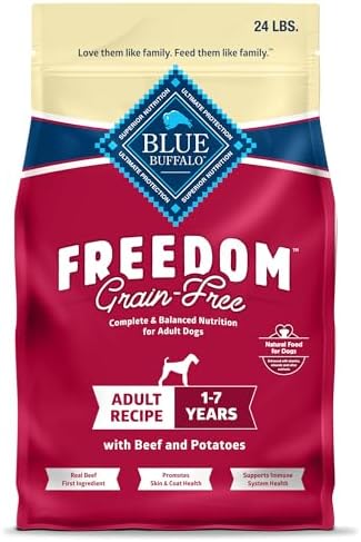 Blue Buffalo Freedom Grain-Free Dry Dog Food, Complete & Balanced Nutrition for Adult Dogs, Made in the USA With Natural Ingredients, Beef & Potatoes, 24-lb Bag