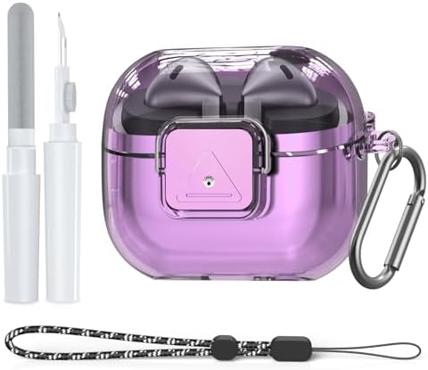 Samsung Galaxy Buds 3 Pro Case with Secure Lock Clip, Flexible TPU Clear Case for Galaxy Buds Pro 3 Shockproof Protective Cover with Cleaner Kit, Carabiner & Lanyard (Clear Purple)