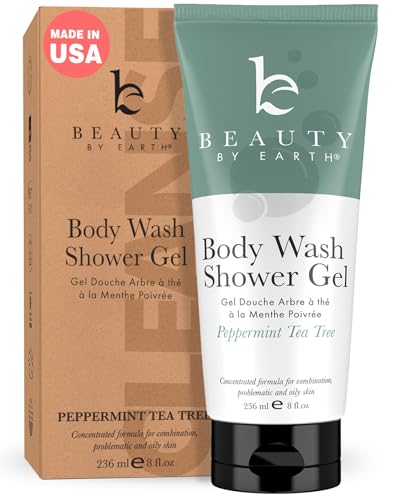 Beauty by Earth Peppermint Tea Tree Oil Shower Gel Body Wash - Made in USA with Organic & Natural Ingredients, Mens Body Soap Liquid, Moisturizing Cleansing Gel for Men & Women, Non Toxic Body Wash