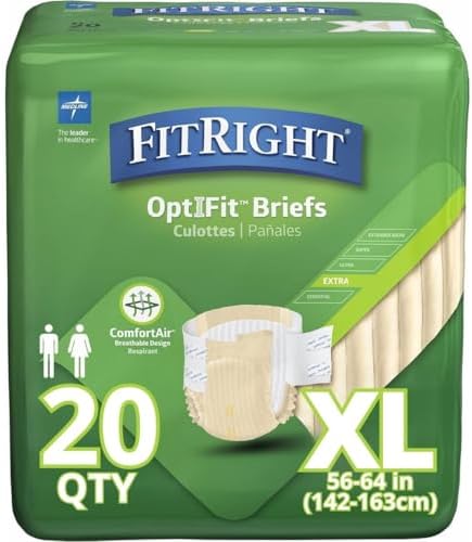 Medline FitRight OptiFit Extra+ Adult Diapers with leak stop guards, Disposable Incontinence Briefs with Tabs, Moderate Absorbency, X-Large, 56"-64", 20 count