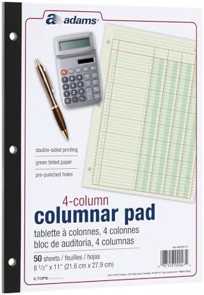 Adams Columnar Analysis Pad, 4 Column Ledger, 8.5" x 11", 100 Pages (50 Sheets), Green, 3 Hole Punch, for Accounting, Bookkeeping & Data (ACP85114)