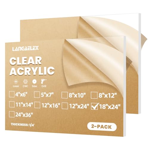 Plexiglass Sheets 1/4" (6mm) Thick - 2 Pack of 18x24 Clear Cast Acrylic Sheets for Laser Cutting, Signs, Glass Replacement, DIY and Crafts Project
