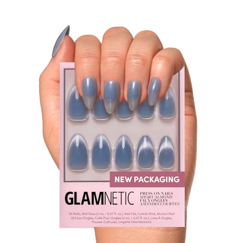 Glamnetic Press On Nails - Baby Blues | Short Almond, Pastel Blue Nails with a Mesmerizing Metallic Finish | 15 Sizes - 30 Nail Kit with Glue