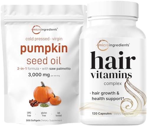 Micro Ingredients Pumpkin Seed Oil with Saw Palmetto & Hair Vitamins Complex Capsules Bundle 2 Pack | Cold Pressed, Pure Virgin Oil, Herbal Supplement | 14-in-1 Advanced Hair Growth Support