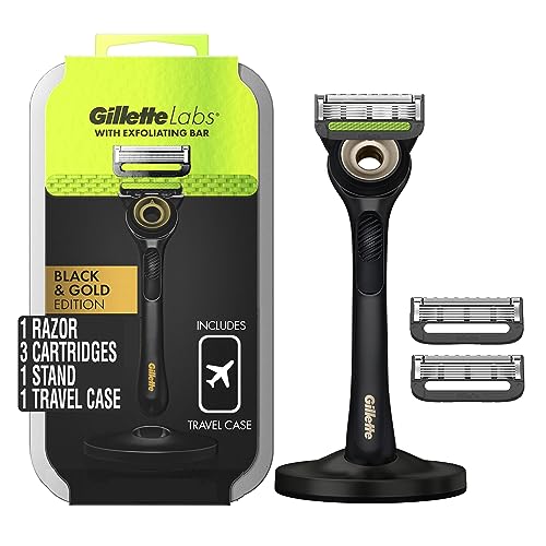 GilletteLabs with Exfoliating Bar by Gillette Mens Razor, 5 Bladed Razor, Closeness and Comfort, Includes Travel Case and Razor Stand, Handle + 3 Blade Refills